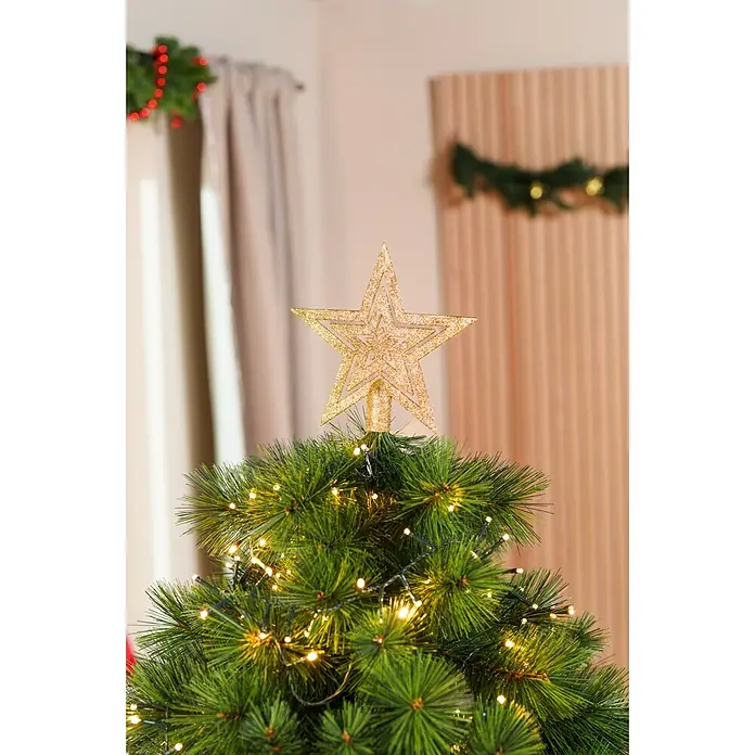 Christbaumspitze Stern - Länge: 19 cm, Royal Gold - Spitze eines Weihnachtsbaums mit goldenem Glitzerstern und warmweißer Lichterkette.