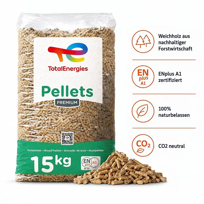 Total Energies Holzpellets Premium ENplus A1 Weichholz 15kg x 2 Sack 30kg -  - Transparenter Sack TotalEnergies 15kg Holzpellets, hellbraun, mit auffälligem Etikett.