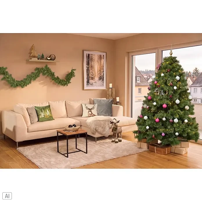 Kissen Pinegrove - 45 x 45 cm, Grün, Quadratisch - Ein geschmückter Weihnachtsbaum mit Lichtern und bunten Kugeln steht in einem gemütlichen Wohnzimmer.