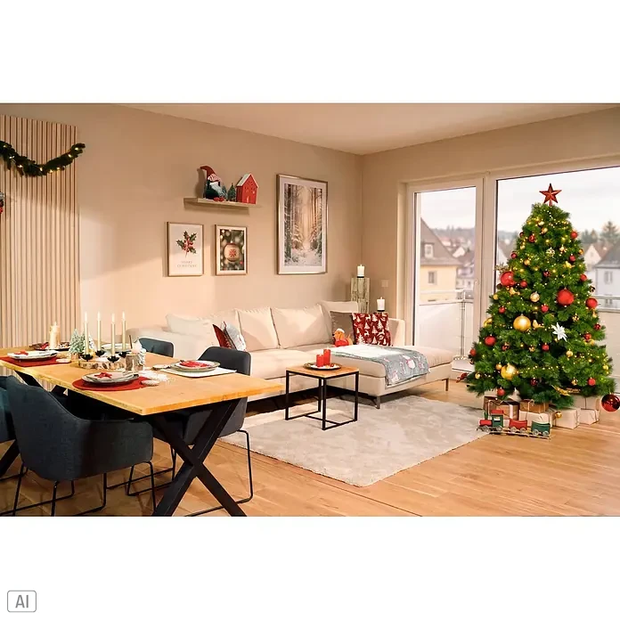 Christbaumspitze Holly & Jolly - Länge: 20 cm, Festive Red - Ein festlich dekoriertes Weihnachtswohnzimmer und Essbereich mit beleuchtetem Baum, gemütlichem Sofa und gedecktem Tisch.