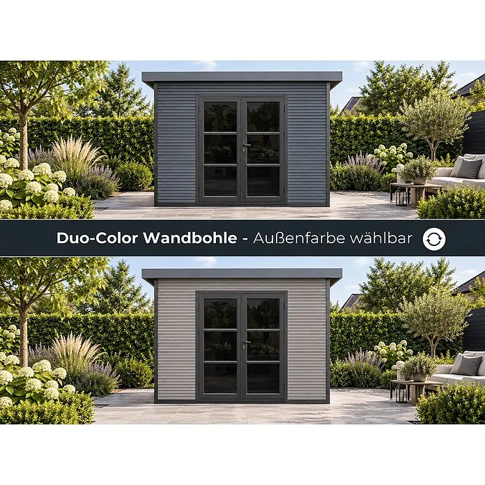 WPC Gartenhaus  FineLine 5,8 m² Grau -  - Gartenhaus mit Duo-Color Wandbohlen, die in zwei wählbaren Außenfarben gezeigt werden.