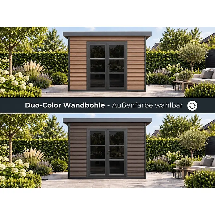 WPC Gartenhaus  FineLine 5,8 m² Teak -  - Zwei moderne Gartenhäuser in unterschiedlichen Farben, die wählbare Außenwandbohlen zeigen.