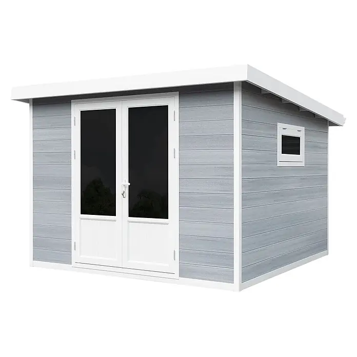 WPC Gartenhaus  Ligno White 8,4 m² -  - Graues Gartenhaus aus Verbundwerkstoff mit weißen Verkleidungen, Doppeltüren und einem kleinen Seitenfenster.