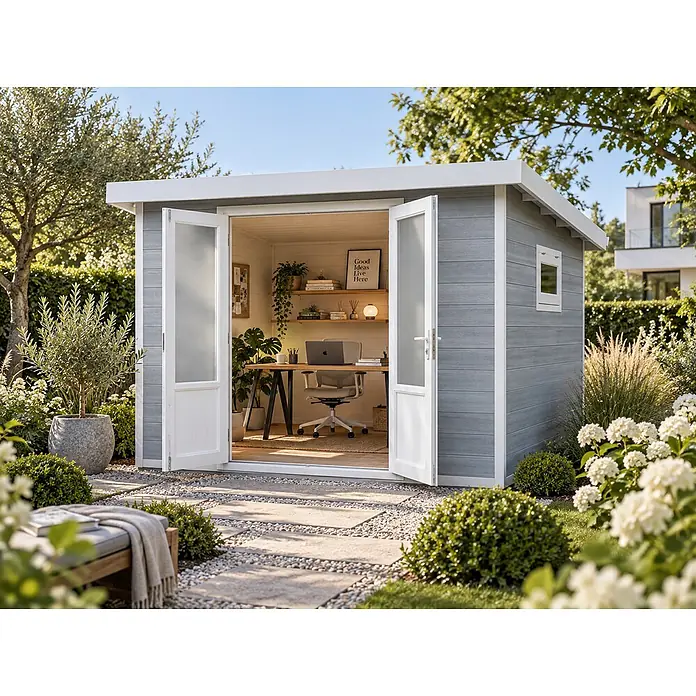 WPC Gartenhaus  Ligno White 8,4 m² -  - Graues Gartenbürohaus mit weißem Besatz und Doppeltüren, als gemütlicher Außenarbeitsplatz in einem sonnigen Garten.