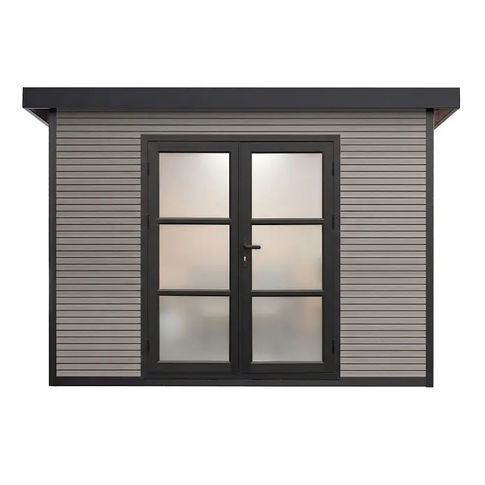 WPC Gartenhaus  FineLine 8,4 m² Grau -  - Modernes Gartenhaus mit grauer horizontaler Verkleidung und dunkelgrauen Doppeltüren mit Milchglas.