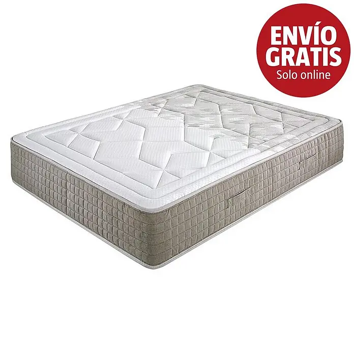 Nonnos Bedding Colchón Memory Spring - Largo: 200 cm, Ancho: 160 cm, Altura: 29 cm, Viscoelástica - Colchón blanco acolchado con laterales grises texturizados, visto en ángulo.