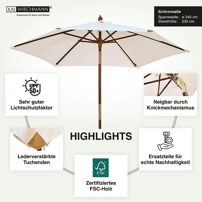 Kai Wiechmann Marktschirm Balkonschirm 240 cm Weiß kippbar - Weiß|Altweiß|Ecru|Natur|Beige|Creme - Ein geöffneter, heller Sonnenschirm mit Holzgestell. Er bietet UPF 50+ Sonnenschutz und einen Knickmechanismus.