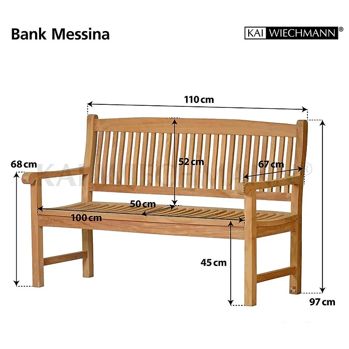 Kai Wiechmann Gartenbank - Teak, Naturbelassen - Holzgartenbank mit Lattenrost und Rückenlehne, mit Gesamtmaßen dargestellt.