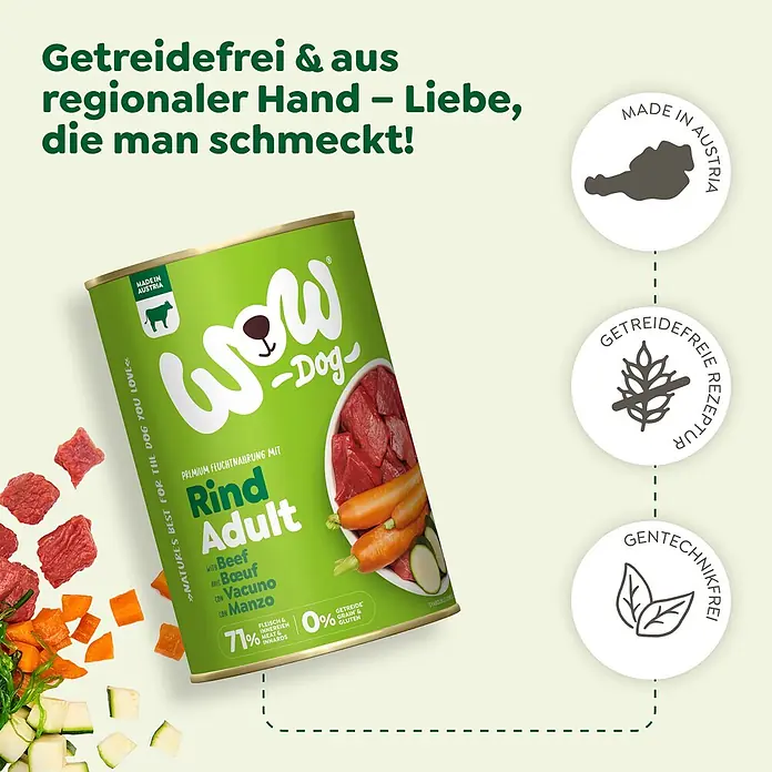 WOW Dog Hundenassfutter - 2.400 g, Alleinfuttermittel - Grüne Dose WOW Dog "Rind Adult" Nassfutter für Hunde, mit Rindfleisch, Karotten und Zucchini. Getreidefrei, aus Österreich.