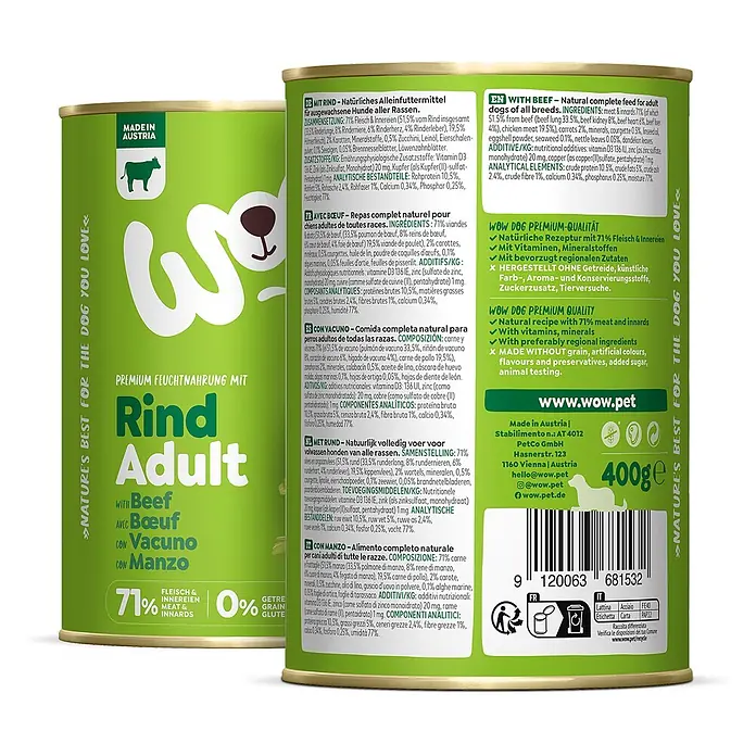WOW Dog Hundenassfutter - 2.400 g, Alleinfuttermittel - Grünes und goldenes Hundefutter-Dose mit „Rind Adult“-Aufschrift, 400g Rindfleisch-Hundefutter für erwachsene Hunde.