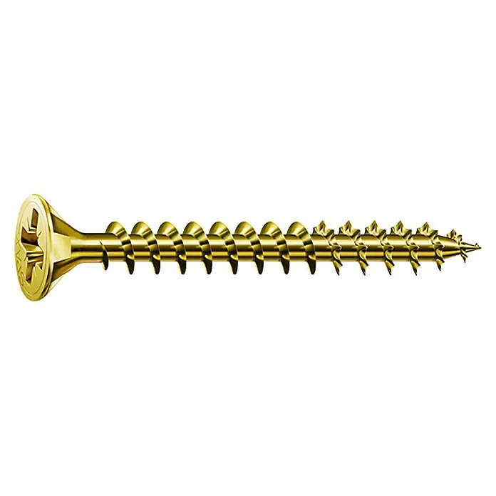 Spax Universalschraube - 4 x 70 mm, Vollgewinde, 150 Stk. - Nahaufnahme einer goldenen Holzschraube mit Kreuzschlitzkopf und scharfer Spitze, ideal für Holzbearbeitungsprojekte.