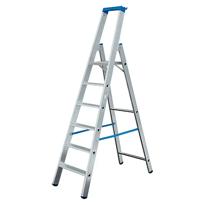 Krause Stehleiter - Arbeitshöhe: 3,4 m, Anzahl Tritte: 6 Stk., Belastbarkeit: 150 kg, Aluminium - Eine silberfarbene Klappleiter mit blauen Akzenten, die sich ideal für Arbeiten in der Höhe eignet. Robuste Bauweise für sicheren Stand.