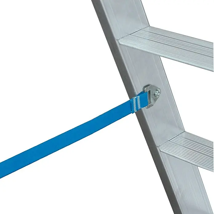 Krause Stehleiter - Arbeitshöhe: 3,4 m, Anzahl Tritte: 6 Stk., Belastbarkeit: 150 kg, Aluminium - Nahaufnahme einer Aluminiumleiter mit blauem Gurtband zur Stabilisierung, ideal für sichere Arbeiten in der Höhe.