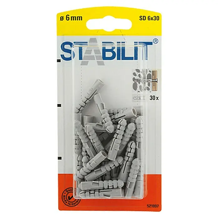 Stabilit SpreizdübelDurchmesser Dübel: 6 mm, Länge Dübel: 30 mm, 30 Stk. - Packung mit 30 Stabilit Universaldübeln SD 6x30, geeignet für 6 mm Schrauben. Ideal für Befestigungen in verschiedenen Materialien.