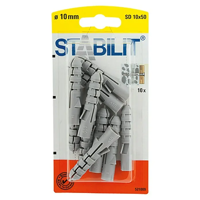 Stabilit Spreizdübel - Durchmesser Dübel: 10 mm, Länge Dübel: 50 mm, 10 Stk. - Eine Packung Stabilitt Dübel SD 10x50, 10 Stück, für Bohrlochdurchmesser 10 mm. Ideal für Befestigungen im Haushalt und Handwerk.
