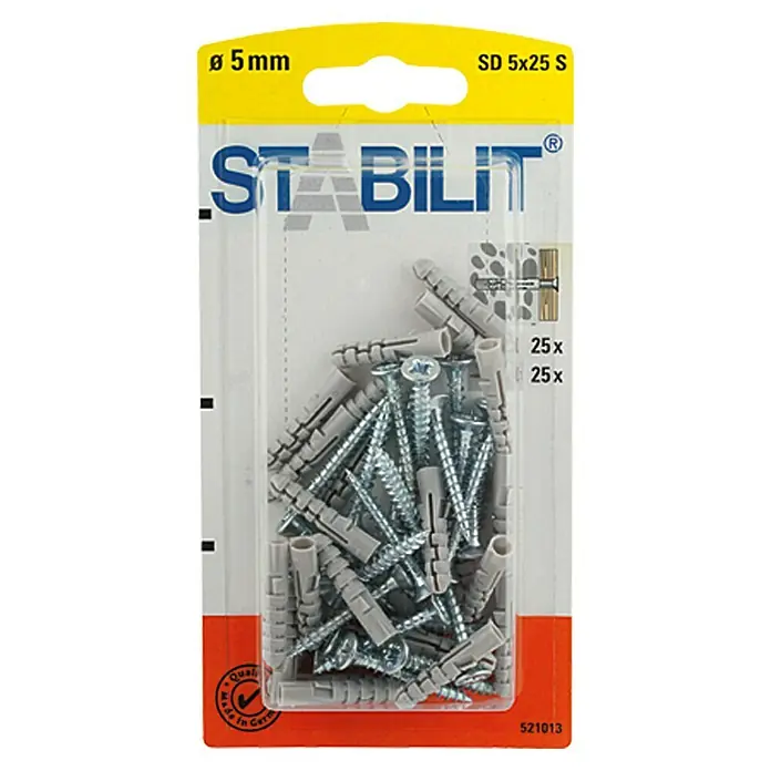 Stabilit Spreizdübel - Durchmesser Dübel: 5 mm, Länge Dübel: 25 mm, Geeignet für: Vollbaustoffe & Mauerwerk, 25 Stk., Mit Schrauben/Haken - Bild einer Packung Stabilit-Dübel und Schrauben (5 mm Durchmesser) mit 25 Stück. Die Packung ist gelb-rot und trägt den Aufdruck "Made in Germany".