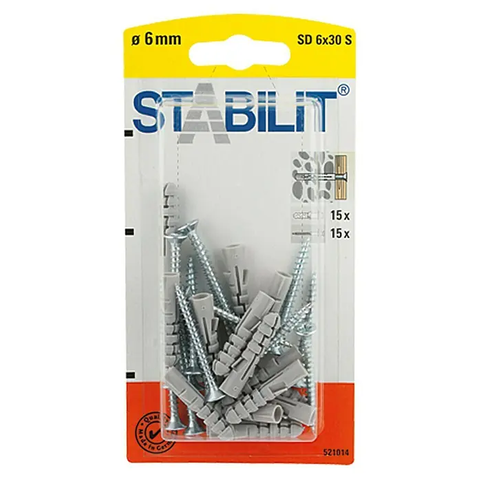 Stabilit SpreizdübelDurchmesser Dübel: 6 mm, Länge Dübel: 30 mm, Geeignet für: Vollbaustoffe & Mauerwerk, 15 Stk., Mit Schrauben/Haken - Packung mit 15 Dübeln (6 mm) und 15 Schrauben (6x30 S) der Marke Stabilit für sichere Befestigungen.