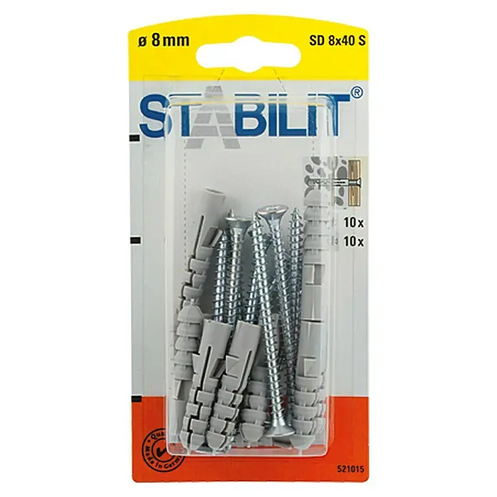 Stabilit Spreizdübel - Durchmesser Dübel: 8 mm, Länge Dübel: 40 mm, Geeignet für: Vollbaustoffe & Mauerwerk, 10 Stk., Mit Schrauben/Haken - Eine Packung Stabil-Dübel und Schrauben, Durchmesser 8 mm, ideal für Befestigungen im Haushalt. Set enthält 10 Dübel und 10 Schrauben.