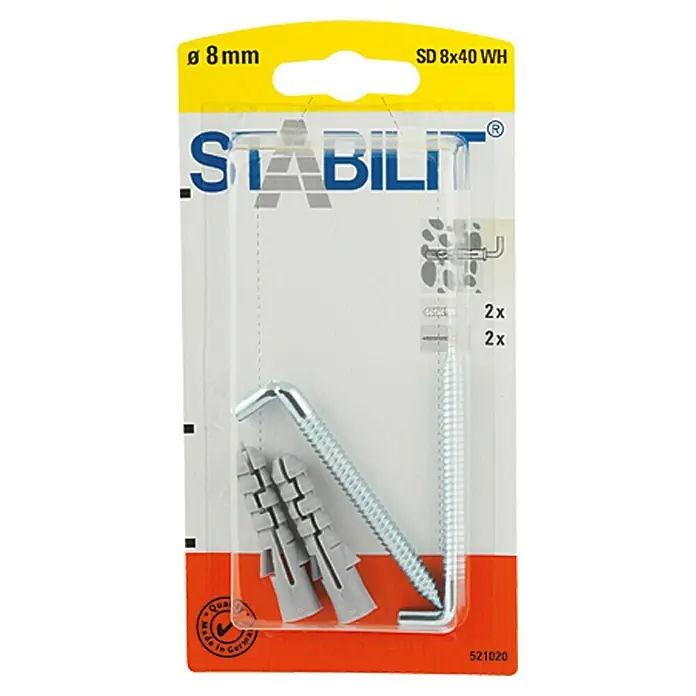 Stabilit SpreizdübelDurchmesser Dübel: 8 mm, Länge Dübel: 40 mm, 2 Stk., Mit Haken - Stabilisierungsset mit Schraubhaken und Dübeln für sichere Befestigung in Wänden, ideal für Heimwerkerprojekte.