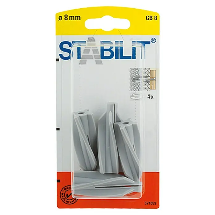 Stabilit Gasbetondübel GB 8 - Durchmesser Dübel: 8 mm, Länge Dübel: 50 mm, Geeignet für: Porenbeton, 4 Stk. - Verpackung mit vier grauen 8mm-Spreizdübeln von Stabilit, ideal für sichere Befestigungen in verschiedenen Materialien.