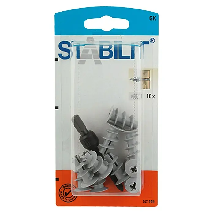 Stabilit Gipskartondübel - 10 Stk., Länge Dübel: 22 mm, Geeignet für: Plattenbaustoffe & Hohlräume, Kunststoff - Abbildung einer Packung Stabilit-Dübel, die zehn Dübel und einen passenden Schraubendreher enthält.