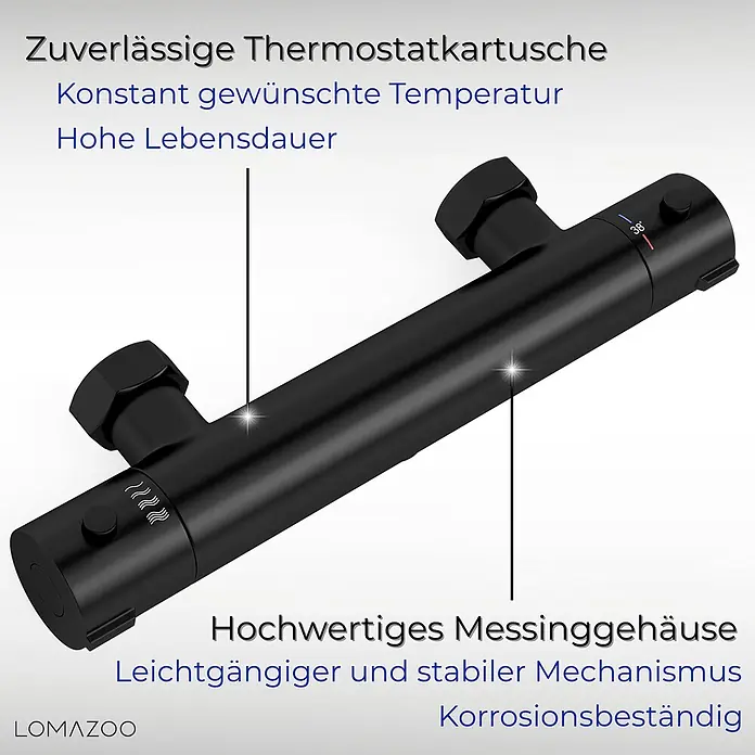 LOMAZOO Thermostat-Duschset Lando 15 cm Schwarz mit Handbrause -  - Schwarze, korrosionsbeständige Messing-Thermostat-Duscharmatur, die eine konstante Wassertemperatur mit leichtgängigem Mechanismus gewährleistet.