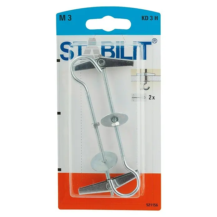 Stabilit Federklappdübel KD3HK - Länge Dübel: 105 mm, 2 Stk., Durchmesser Bohrloch: 12 mm - Eine Packung Stabilit Kippdübel M3 KD 3H, ideal für sichere Befestigungen an Wänden.