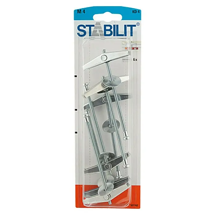 Stabilit Federklappdübel KD4K - Länge Dübel: 105 mm, 6 Stk., Durchmesser Bohrloch: 14 mm - Verpackung mit sechs Stabilits M4-Kippdübeln für Trockenbau, ideal für sichere Befestigungen an Wänden.