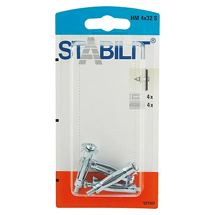 Stabilit Metall-Hohlraumdübel HM 4 X 32 S - Durchmesser Bohrloch: 8 mm, Länge Dübel: 32 mm, 4 Stk., M 4 - Ein Paket Stabilisierungs-Hohlraumdübel HM 4x32 S. Die Dübel sind silberfarben und für Trockenbauwände geeignet. Praktisches Befestigungsmaterial.