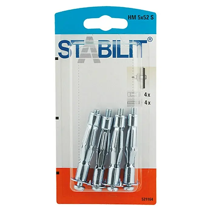 Stabilit Metall-Hohlraumdübel HM 5 X 52 S - Durchmesser Bohrloch: 10 mm, Länge Dübel: 52 mm, 4 Stk., M 5 - HM 5x52 S von Stabilit, eine Packung mit vier Metallspreizdübeln in Blisterverpackung für sichere Befestigung.