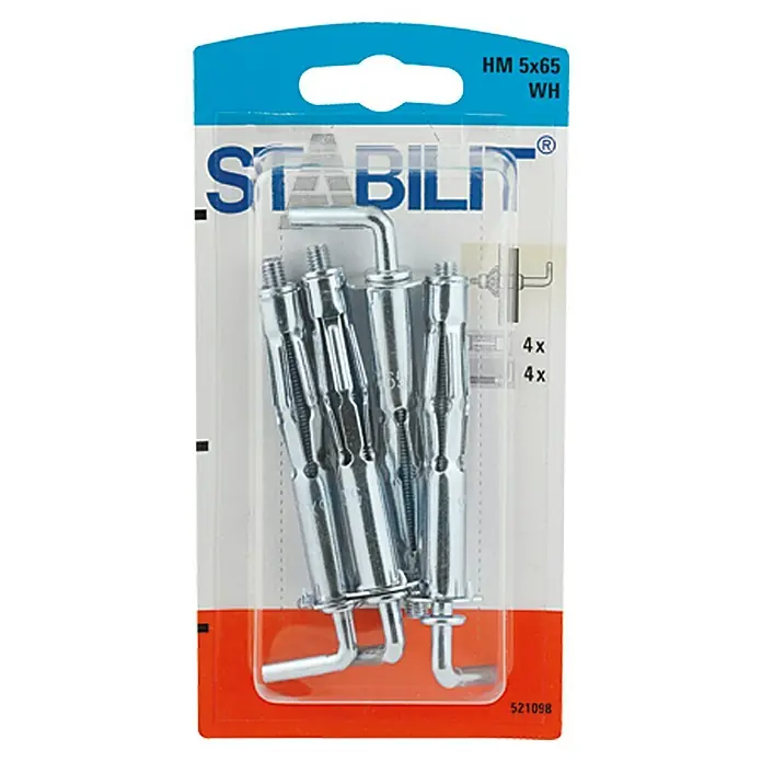 Stabilit Metall-Hohlraumdübel-Set - Länge Dübel: 65 mm, Geeignet für: Plattenbaustoffe & Hohlräume, 4 Stk., Mit Schrauben/Haken - Bild einer Packung Stabilitt HM 5x65 WH Hohlraumdübel. Die Dübel sind aus Metall und für Gipskartonplatten geeignet. Verpackung in Blau, Weiß und Orange.