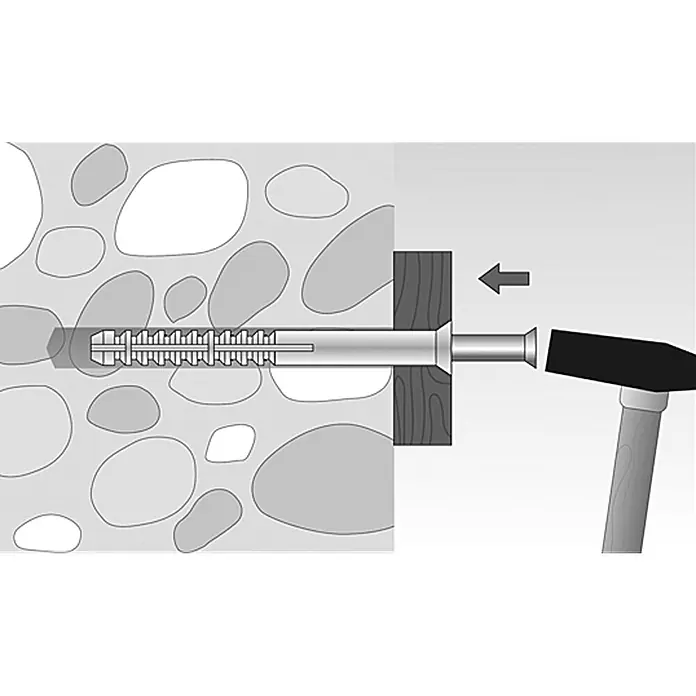 Stabilit Schlagdübel ND - Durchmesser Dübel: 6 mm, Länge Dübel: 80 mm, Geeignet für: Vollbaustoffe & Mauerwerk, 10 Stk. - Illustration eines Dübels, der mit einem Hammer in eine Wand eingeschlagen wird, um ein Holzelement zu befestigen.