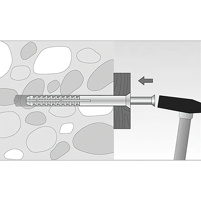 Stabilit Schlagdübel ND - Durchmesser Dübel: 8 mm, Länge Dübel: 120 mm, Geeignet für: Vollbaustoffe & Mauerwerk, 6 Stk. - Illustration eines Dübels, der mit einem Hammer in eine Wand eingeschlagen wird, um ein Holzelement zu befestigen.