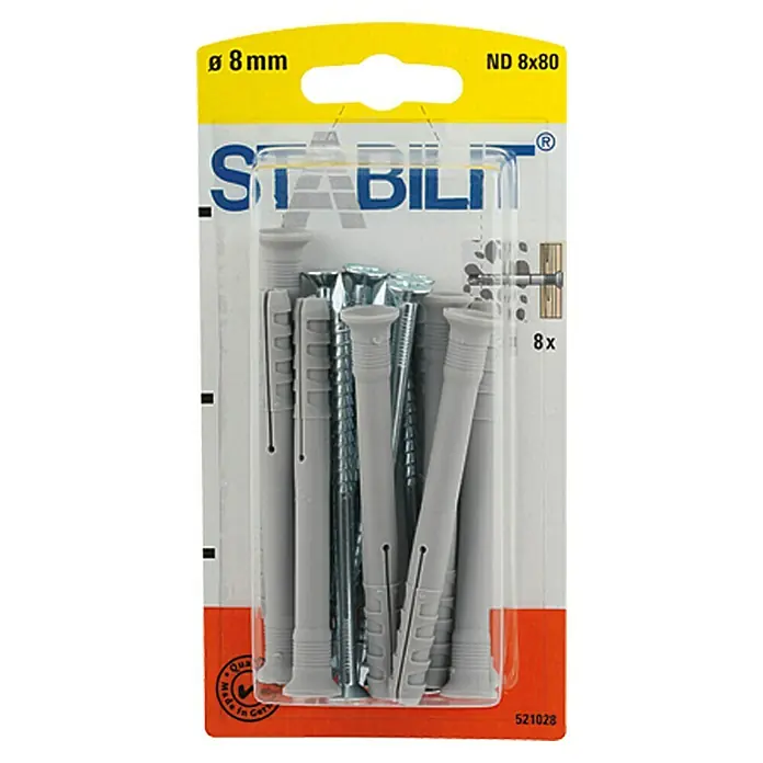 Stabilit Schlagdübel ND - Durchmesser Dübel: 8 mm, Länge Dübel: 80 mm, Geeignet für: Vollbaustoffe & Mauerwerk, 8 Stk. - Eine Packung Stabil Dübel ND 8x80, bestehend aus 8 Dübeln und Schrauben. Ideal für sichere Befestigungen im Heimwerkerbereich.