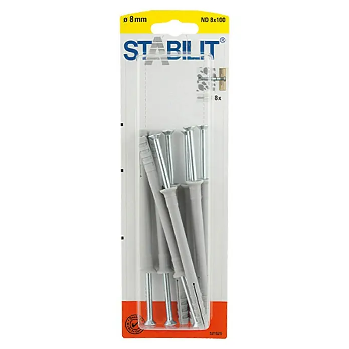 Stabilit Schlagdübel ND - Durchmesser Dübel: 8 mm, Länge Dübel: 100 mm, Geeignet für: Vollbaustoffe & Mauerwerk, 8 Stk. - Abbildung einer Packung Stabilit-Schlagdübel 8 x 100 mm, ideal für schnelle und einfache Befestigungen in verschiedenen Materialien, mit acht Dübeln.