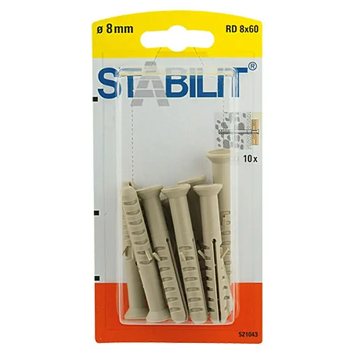 Stabilit Allzweck-RahmendübelDurchmesser Dübel: 8 mm, Länge Dübel: 60 mm, Kunststoff, 10 Stk. - Packung mit 10 Stk. Dübeln der Marke Stabilit, mit einem Durchmesser von 8 mm und einer Länge von 60 mm, zur Verwendung mit Schrauben.