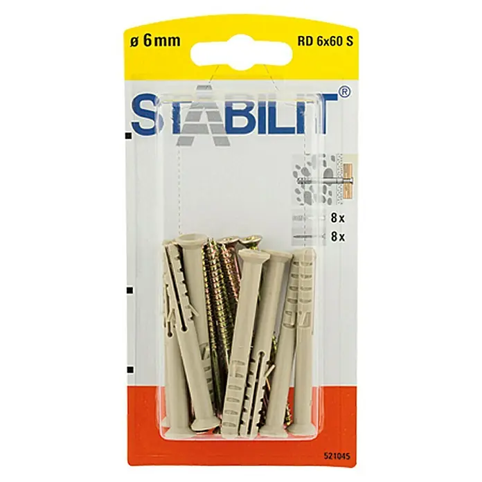 Stabilit Universal-Kragendübel-SetDurchmesser Dübel: 6 mm, Länge Dübel: 60 mm, Kunststoff, 8 Stk. - Eine Packung Stabilit Dübel RD 6x60 S, bestehend aus 8 Dübeln und 8 Schrauben, ideal für sichere Befestigungen.