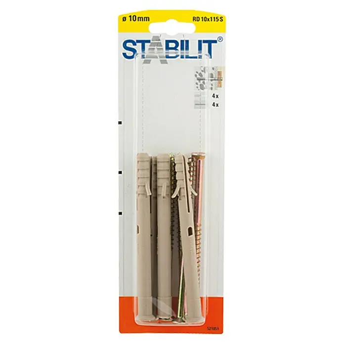 Stabilit Universal-Kragendübel-Set - Durchmesser Dübel: 10 mm, Länge Dübel: 115 mm, Kunststoff, 4 Stk. - Abbildung einer Packung Stabilit Universaldübel RD 10x115 S mit vier Dübeln und Schrauben für sichere Befestigungen.