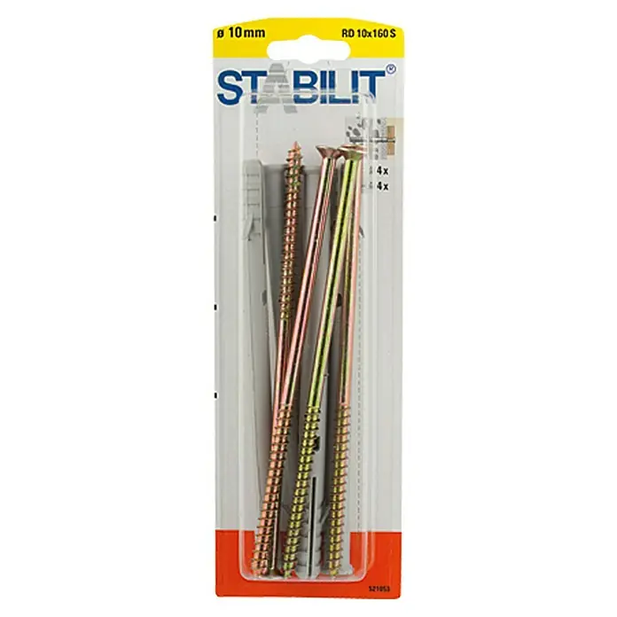 Stabilit Universal-Kragendübel-Set - Durchmesser Dübel: 10 mm, Länge Dübel: 160 mm, Kunststoff, 4 Stk. - Bild einer Packung STABILIT-Schrauben RD 10x160S. Die Packung enthält Schrauben und Dübel für sichere Befestigungen.
