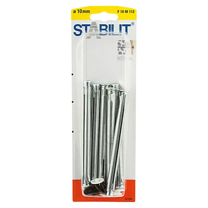 Stabilit Metallrahmendübel - Durchmesser Bohrloch: 10 mm, Länge Dübel: 112 mm, 6 Stk., Maximalbauteildicke: 82 mm - Bild eines Pakets STABILIT-Nägel Ø 10mm, ideal für Befestigungen. Die Nägel sind verpackt und bereit für diverse Montagearbeiten im Innenbereich.