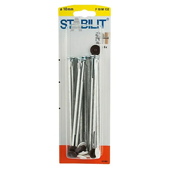 Stabilit Metallrahmendübel - Durchmesser Bohrloch: 10 mm, Länge Dübel: 132 mm, 6 Stk., Maximalbauteildicke: 102 mm - Eine Packung Stabilit-Nagelanker, 10 mm Durchmesser, mit sechs Stück in einer transparenten Verpackung. Geeignet für Befestigungen im Mauerwerk.