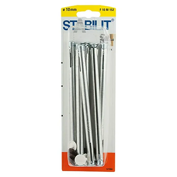 Stabilit Metallrahmendübel - Durchmesser Bohrloch: 10 mm, Länge Dübel: 152 mm, 6 Stk., Maximalbauteildicke: 122 mm - Eine Packung Stabilit-Dübel, ideal für sichere Befestigungen in verschiedenen Materialien.