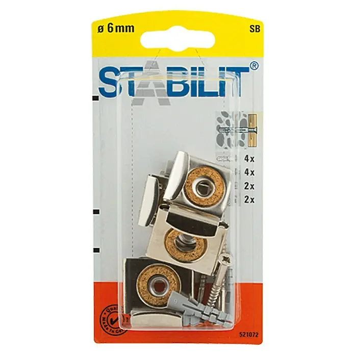 Stabilit Befestigungs-Set SB - Durchmesser Dübel: 6 mm, Länge Dübel: 40 mm, Geeignet für: Vollbaustoffe & Mauerwerk, 4 Stk. - Das Bild zeigt eine Verpackung Stabilithalter mit Glasbodenbefestigungssets, ideal für sichere und stilvolle Glasmontage im Innenbereich.