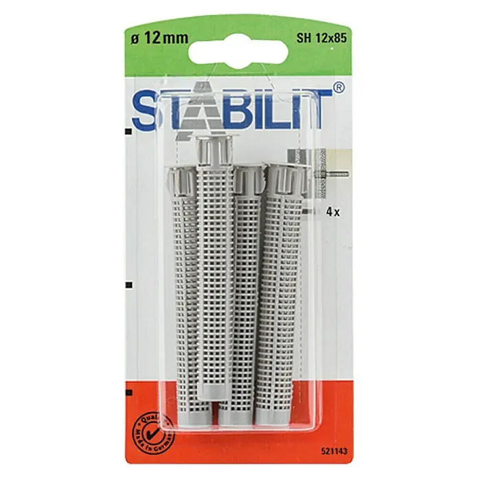 Stabilit Siebhülse - Ø x L: 12 x 85 mm, 4 Stk. - Ein Paket mit vier Dübeln der Marke Stabilit, Größe SH 12x85, Durchmesser 12mm. Die Dübel sind aus grauem Kunststoff und haben eine Gitterstruktur.