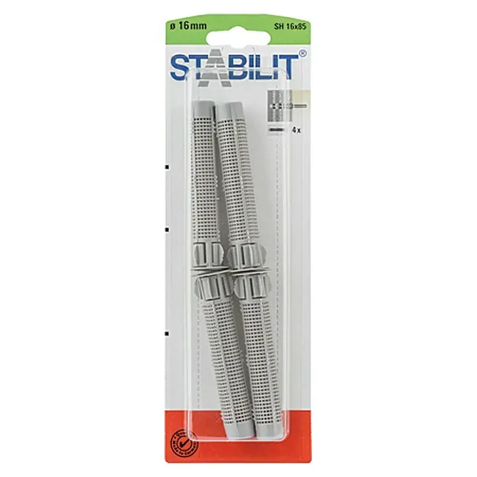 Stabilit SiebhülseØ x L: 16 x 85 mm, 4 Stk. - Bild von Stabilits Dübel SH 16x85, einer Packung mit vier grauen Dübeln. Geeignet für sichere Befestigung in verschiedenen Materialien, ideal für Heimwerkerprojekte.