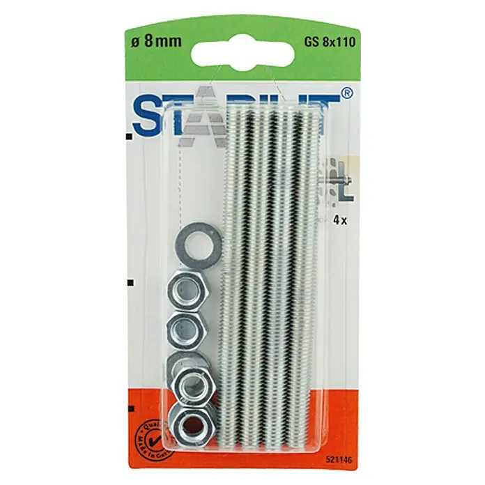 Stabilit Gewindestangen-Set GS 8x110 - Länge: 110 mm, Gewinde: M 8 - Eine Packung STABILIT Gewindestifte GS 8x110, inklusive Muttern und Unterlegscheiben, ideal für Montagearbeiten.