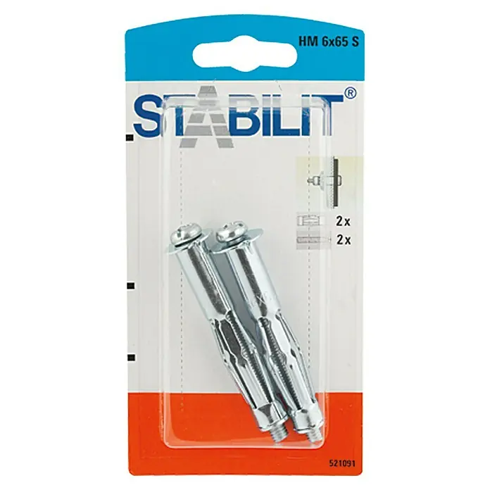 Stabilit Metall-Hohlraumdübel HM 6 X 65 S - Durchmesser Bohrloch: 12 mm, Länge Dübel: 65 mm, 2 Stk., M 6 - Verpackung mit zwei Stabilit Hohlraumdübeln HM 6x65 S, ideal für sichere Befestigungen in Hohlräumen.