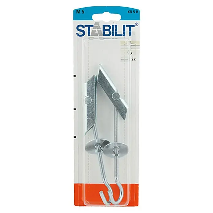 Stabilit Kippdübel KD5HK - Länge Dübel: 130 mm, 2 Stk., Durchmesser Bohrloch: 16 mm - Das Bild zeigt eine Packung mit zwei Stabilit-Haken, die für Gipskartonplatten geeignet sind. Die Haken sind aus Metall und haben eine graue Farbe.