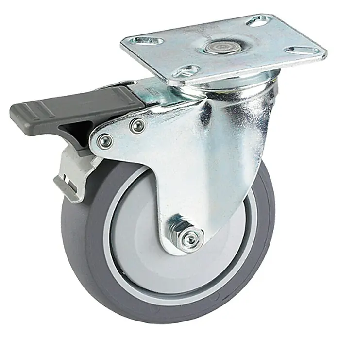 Stabilit Apparate-Lenkrolle - Durchmesser Rollen: 50 mm, Traglast: 45 kg, Kugellager, Mit Platte und Feststeller - Bild einer grauen Lenkrolle mit Feststellbremse. Sie ist ideal für Möbel und Geräte, die leicht bewegt werden müssen.