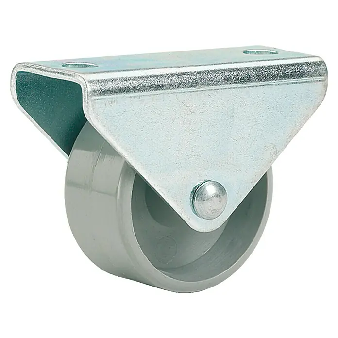 Stabilit Möbel-Bockrolle - Durchmesser Rollen: 45 mm, Traglast: 50 kg, Gleitlager, Höhe: 48 mm - Nahaufnahme eines grauen Lenkrolle mit Metallhalterung und Schraube.